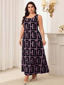 Modelyn Plus Size Spring & Fall Casual Solid Color Long Sleeve Top With Allover Print Dress Set 2 Pieces Set - Purple - View 3