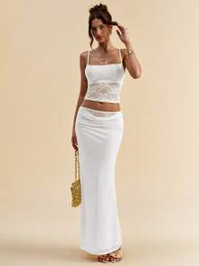 SHEIN BAE 女式夏季蕾丝露背吊带背心和透明中长裙两件套 - 白色 - 查看 3