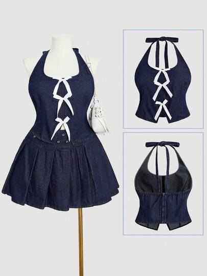 SHEIN MOD 大码蝴蝶结装饰露背挂脖牛仔衬衫