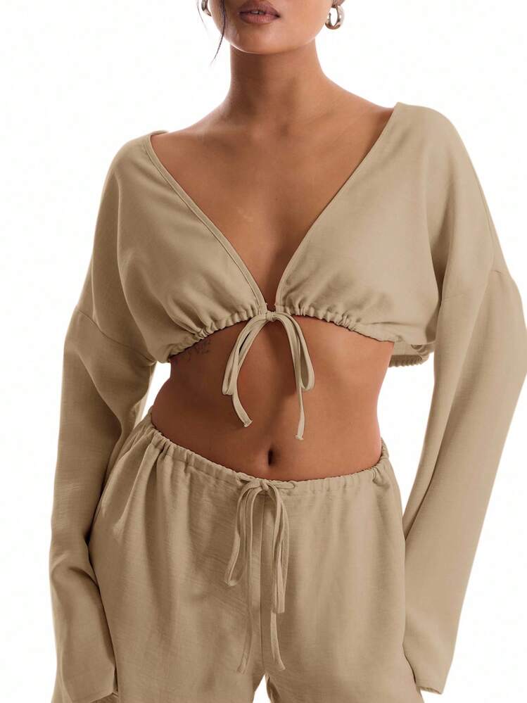 MUSERA Linen Feel Tie Front Wide Sleeve Beach Top Boho Vacation Spring Sexy Elegant Ibiza Holiday Beach Going Out Tops Club ,Elegant Summer Festival Spring - Beige - View 6