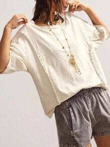 Bohemela 女士休闲纯色针织圆领短袖宽松水洗T恤 - 杏色 - 查看 1