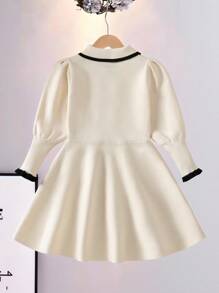 Elladie kids 小女孩柔软珍珠纽扣领长袖针织公主裙，百搭秋冬