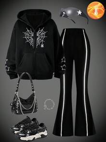 SHEIN Explorewe Streecool Kids Teen Girls 2 Pieces Set Spider Print Hoodie Jacket&Reflective Striped Flare Pants,Black Autumn Streetwear Graduation Back-To-School - Black - View 2