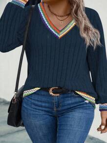 EMERY ROSE Women's V-Neck Patchwork Vintage Print Long Sleeve Plus Size Sweatshirt, Autumn/Winter Fall Cloth For Women