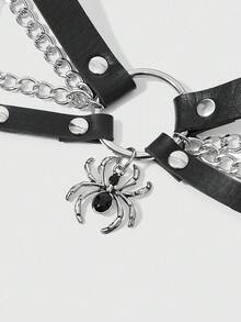 ROMWE Goth 2 件女式黑水晶蜘蛛配饰链装饰哥特式腿袜短裤，适合万圣节和日常穿着 - 黑色 - 查看 2