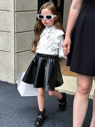 Girls Casual Daily Streetwear Collared Long Sleeve Ruffle Pearl Decor Bow Shirt And High Waist Solid Color A-Line PU Skirt 2-Piece Suit, Back To School Outfit For Fall