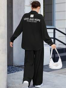 SHEIN Teen Girls' Textured Letter Print Shirt & Wide Leg Pants 2 Pieces Set, Early Autumn Transitional - Black - View 1