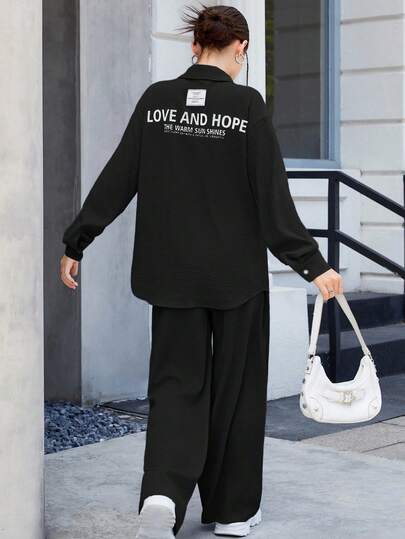 SHEIN Conjunto de 2 piezas de blusa con estampado de letra texturizada y pantalón de pierna ancha para adolescentes, transición a otoño temprano
