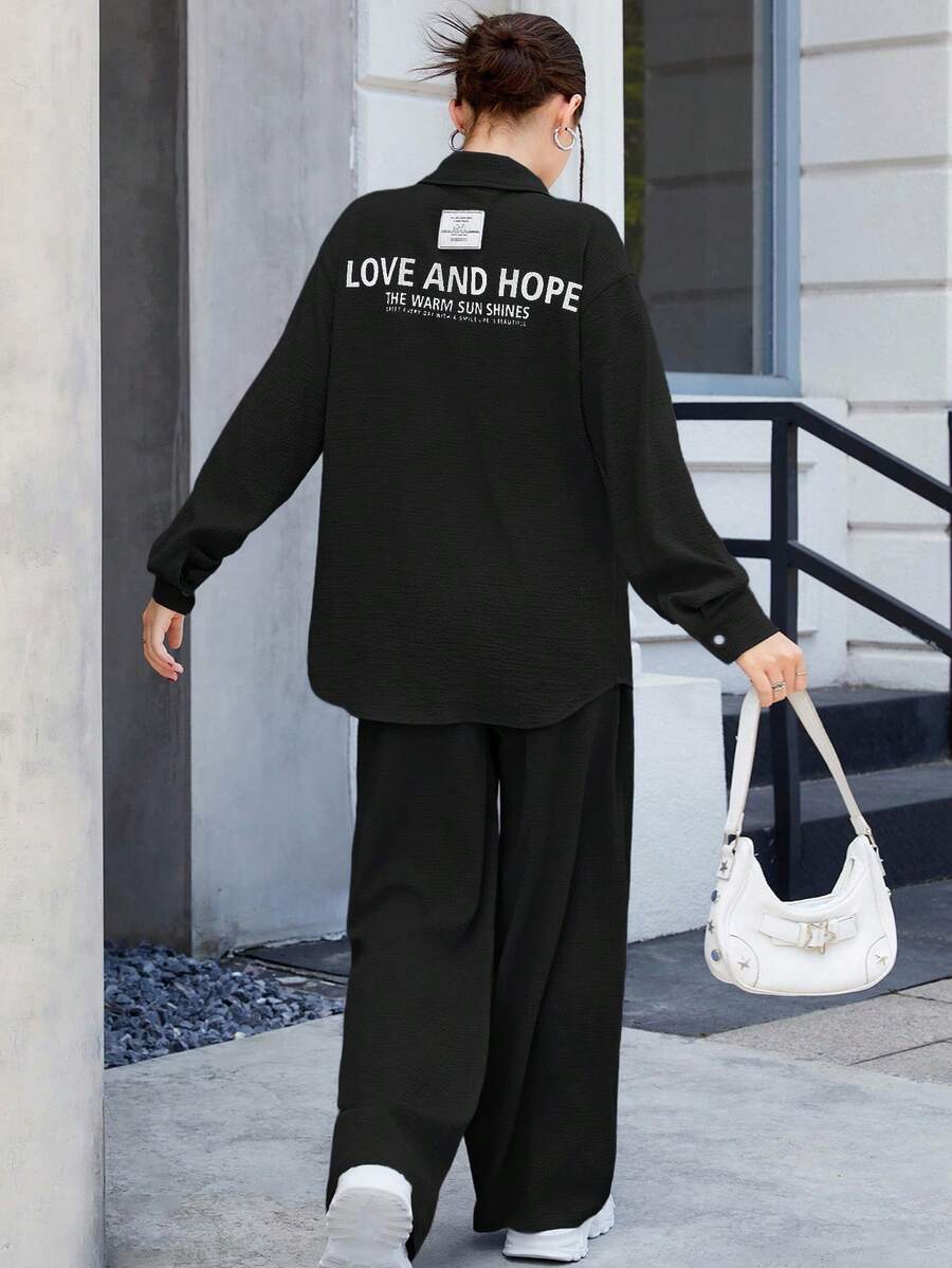 SHEIN Teen Girls' Textured Letter Print Shirt & Wide Leg Pants 2 Pieces Set, Early Autumn Transitional - Black - View 1