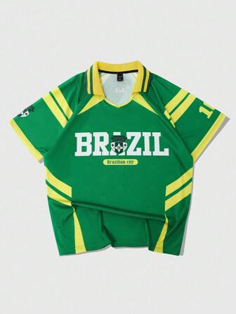 Prep Camiseta polo deportiva de fútbol de Brasil para hombres, camiseta de fútbol casual americana con textura, bloque de color en contraste y manga corta con el texto "BRASIL" en letras blancas grandes y prominentes en el pecho