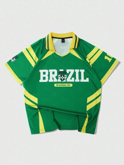 Prep Men's Brazil Football Sports Polo Shirt,  Contrast Color Block Short Sleeve T-Shirt Jersey