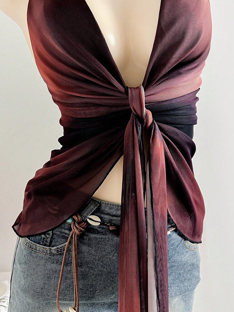 Soleia 女士浪漫假期性感复古渐变色褶皱系带 V 领露背吊带背心，适合节日约会、下午茶、海滩、游轮、公路旅行、婚礼季、音乐节、波西米亚风度假 - 咖啡棕 - 查看 5