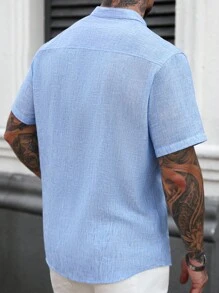 Manfinity CasualCool Camisa de hombre de manga corta de lino con cuello mao blanco - Azul - Ver 2