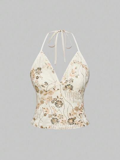 Fairycore Top halter con escote trasero con lentejuelas para mujer, adecuado para el verano