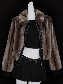 SHEIN ICON Abrigo de mujer con cremallera de estilo retro de piel sintética, elegante para otoño/invierno, abrigo de piel, abrigo de peluche