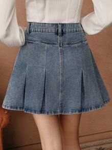 SHEIN Unity Fashionable Denim Pleated Mini Skirt For Women - Blue - View 2