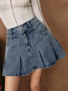 SHEIN Unity Fashionable Denim Pleated Mini Skirt For Women - Blue - View 4