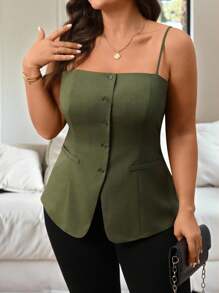 Vionelle 女士春夏法式优雅通勤下午茶派对前扣开衩下摆吊带背心 - 軍綠色 - 查看 3