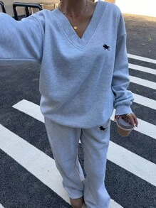 Muchica 2 件套女士超大 V 领蓬松针织弹力宽松运动衫和运动裤，小标志印花，秋冬季休闲套装 - 彩色 - 查看 5