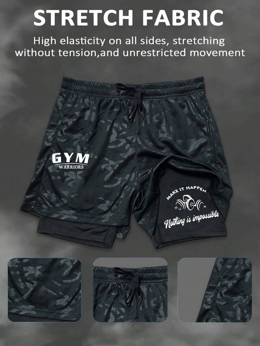 Manfinity Sport Corelite 男士迷彩字母印花运动短裤 - 黑色 - 查看 1