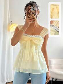 Chiquease Women's Summer Pleated Splice Sequin Ribbon Chiffon Camisole Creamy Yellow Clothes For University - Yellow - View 1