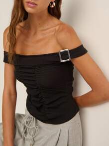 Nöista 露肩上衣，配有可调节金属扣肩带，正面有褶饰 - 藍色 - 查看 8