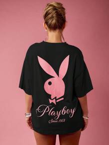 Missguided x Playboy 超大图案印花棉质 T 恤，侧开衩，兔子标志设计，个性 T 恤，休闲街头服饰，夏季春季时尚 - 黑色 - 查看 2