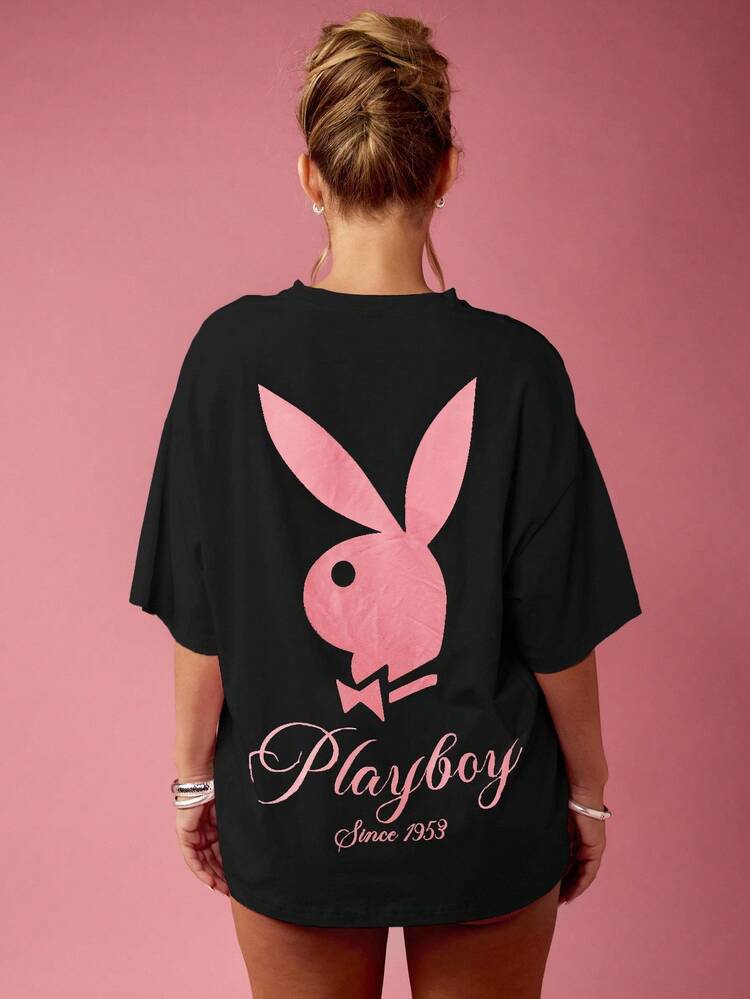 Missguided x Playboy Oversized Graphic Print Cotton T Shirt With Side Slits Bunny Logo Design Statement Tee Casual Streetwear Summer Spring Fashion