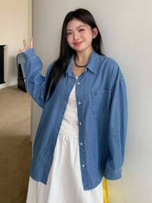 Dazy Plus Plus Size Loose Turndown Collar Long Sleeve Denim Shirt, Spring & Autumn,Jeans Jacket,Fall Women Clothes - Medium Wash - View 7