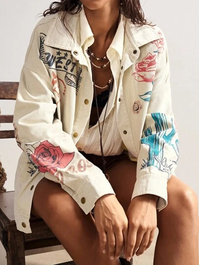 Bohemela 女士休闲纯色梭织轻薄长袖夹克西部风夹克女款印花夹克秋冬女款