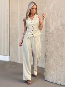 TrendSteals Beige Summer Elegant Work Women Retro Linen 2 Pieces Set,Autumn Casual V-Neck Vest & Wide Leg Pants,Business Office Wear Teacher Clothes Pant Suit - Apricot - View 2