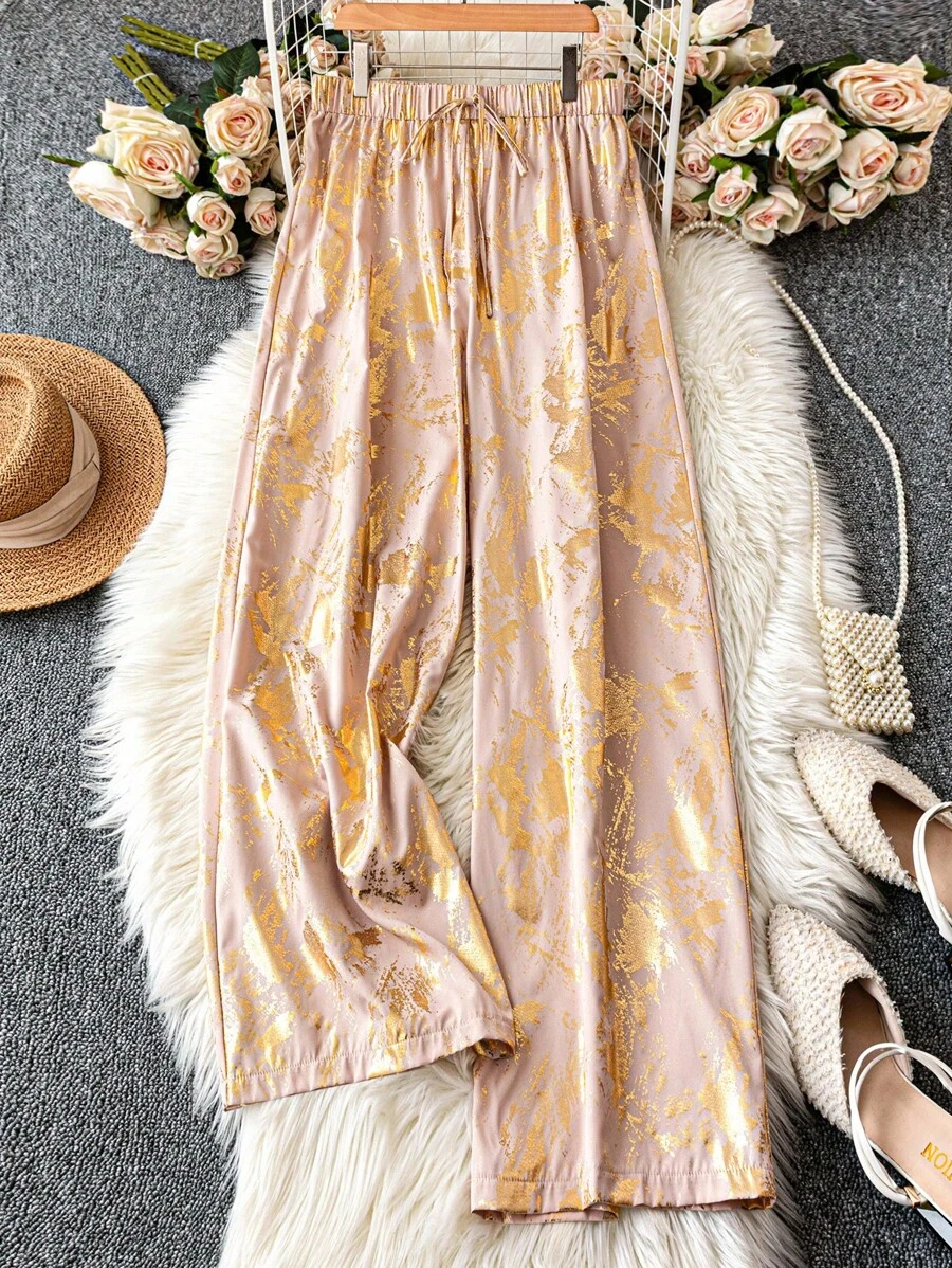 SHEIN LUNE 大码女式优雅金箔松紧腰抽绳裤 - 杏色 - 查看 1