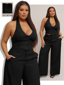 SHEIN SXY Bộ vest blazer 2 món thanh lịch gợi cảm cỡ lớn dành cho nữ: Áo vest ôm sát không tay màu xám + Quần dài ống đứng cạp rộng cài hai hàng khuy phù hợp, Thích hợp cho du thuyền, tiệc Carnival, kỳ nghỉ bãi biển, đêm hẹn hò, sinh nhật, tiệc độc thân, Gyaru, Ibiza, Nashville, nghỉ ngơi, tiệc tùng, khiêm tốn, sang trọng, câu lạc bộ, dễ thương, thường ngày, mua sắm, thời trang đường phố, đi chơi, - màu đen - Xem 7