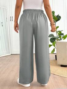 SHEIN Frenchy Plus Size Women's Fashion Casual Black Long Pants, Daily Commute & Outdoor Necessities, Metal Button Decoration, Functional Pockets, 2025 New Stylish Black Trousers