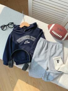 男婴/女婴休闲舒适百搭字母印花长袖连帽衫和抽绳裤套装，适合生日派对、洗礼、1 岁生日庆祝、晚会、表演、婚礼等场合 - 彩色 - 查看 4