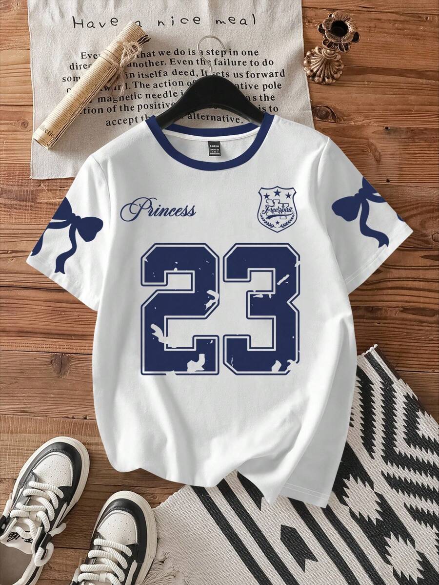 SHEIN EZwear 休闲简约海军蓝蝴蝶结图案圆领短袖宽松女式T恤,适合夏季 - 彩色 - 查看 1