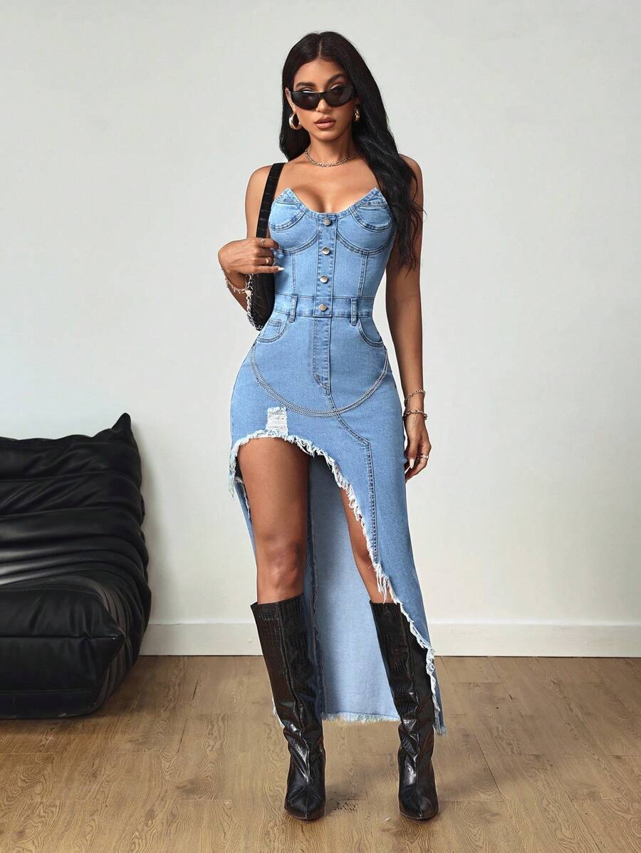 SHEIN Tall 女式高腰弹力做旧水洗牛仔连衣裙 - 中等水洗藍 - 查看 1