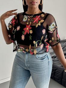 SHEIN PETITE CURVE 夏季度假女士花卉刺绣时尚女式上衣，女士性感生菜饰边，透明落肩圆领宽松多色全身印花，花卉、植物女式上衣，春夏，休闲日常穿着 - 彩色 - 查看 4
