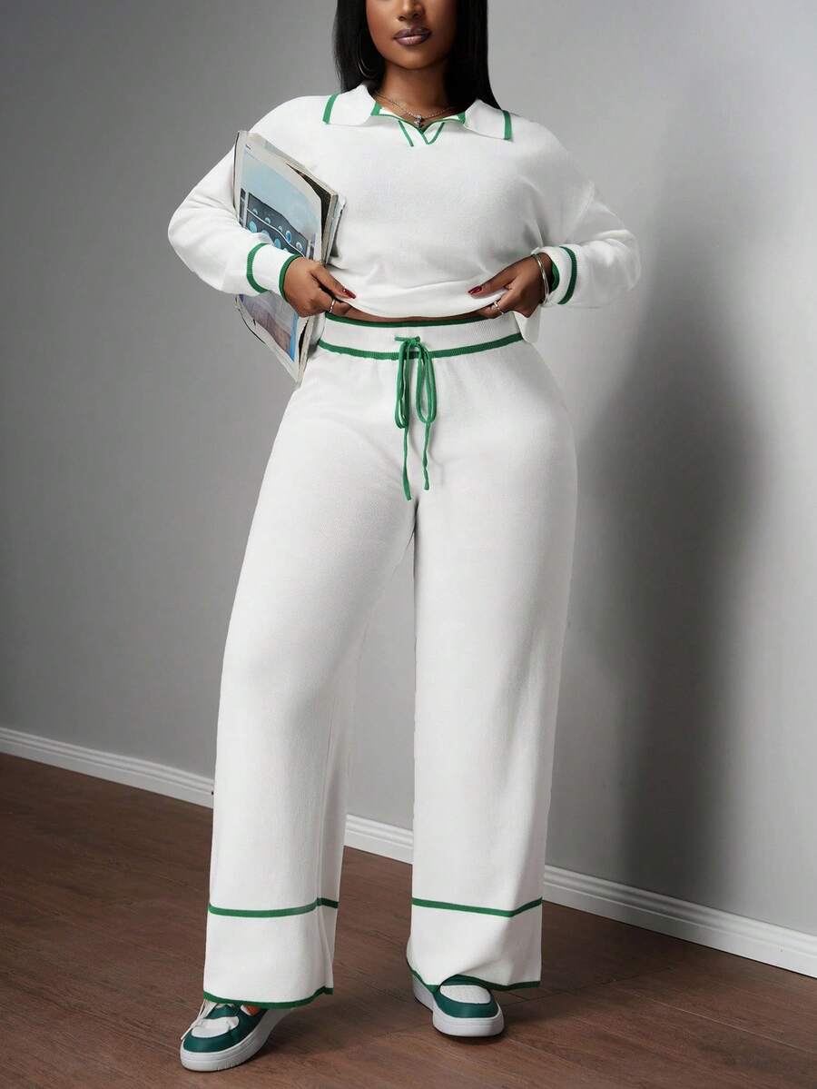 Slaydiva 2025 New Spring/Summer Plus Size Women Vintage Western Resort/Club/Road Trip/Business Casual Dress/Casual/City Vacation/Graduation Date/Elegant Vacation/Women Beach Outfit/Independence Day Ladies/Tea Party Dress/Women Office Wear, Fashion White & Green Striped Polo Collar Long Sleeve With Elastic Waist Wide Leg Pants Long 2 Pieces Set - B In Fall/Winter