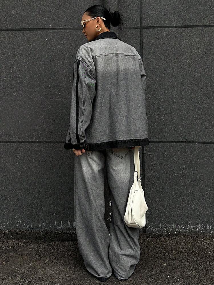 Women's Contrast Color Top And Loose Fit Jeans Casual Suit