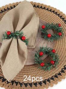 SHEIN 3/6/12/24 件圣诞餐巾环圣诞餐巾架冬青浆果蜡烛花环适用于宴会桌装饰，圣诞节