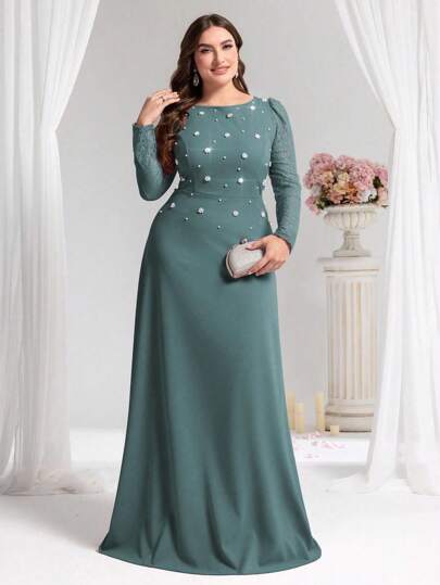 Coutiva 加大码优雅黑色针织连衣裙，撞色蕾丝和泡泡下摆