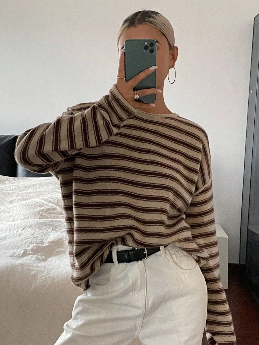 Livesso Women's Casual Drop Shoulder Long Sleeve Striped Sweater, Autumn,Fall Women Clothes - Brown - View 1