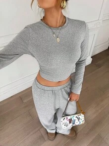 SHEIN 2pcs/Set Teen Girl Casual Solid Color Long Sleeve T-Shirt And Pants Set, Comfortable & Minimalist Fall Winter