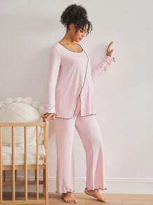 Moonlight&Mama Comfortable Rib Knit Pink Long Sleeve & Pants Pajama Set, Maternity Loungewear - Pink - View 2