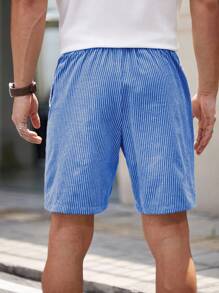 Manfinity VCAY Men's Woven Striped Short Waist Slim Fit Casual Straight Leg Shorts, Suitable For Daily Wear In Summer