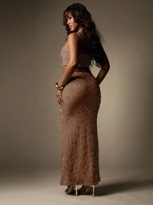 MISSGUIDED 亮片装饰套装两件套短款上衣长裙套装晚会庆祝婚礼宾客节日冬季特殊场合闪亮闪光 - 摩卡棕 - 查看 2