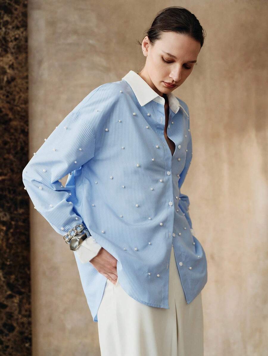 Aveloria 女式春夏秋季编织条纹串珠领长袖直筒休闲户外衬衫