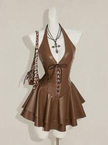 SHEIN ICON 女士 Y2k 时尚辣妹演唱会女装俱乐部派对节日狂欢装 Y2k 外出交叉带 PU 皮革露背迷你吊带黑色连衣裙 - 棕色 - 查看 4