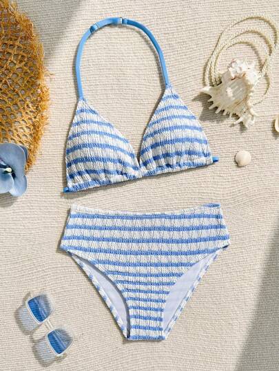 SHEIN Tween Girls Blue White Striped Bikini Sets, Halter Two Pieces Swimwear For Summer Tropical Holiday Vacation, Pool Party Tween Girl Bathing Suit Swimwear